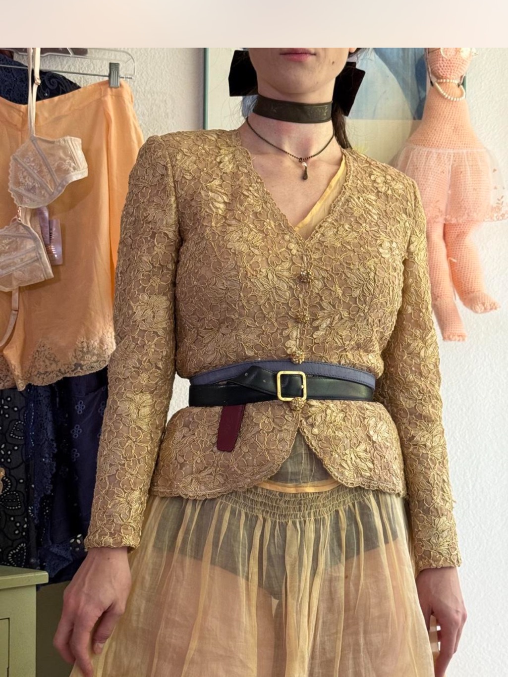 Vintage 90s Tailored Gold Lace Button Down Top Small